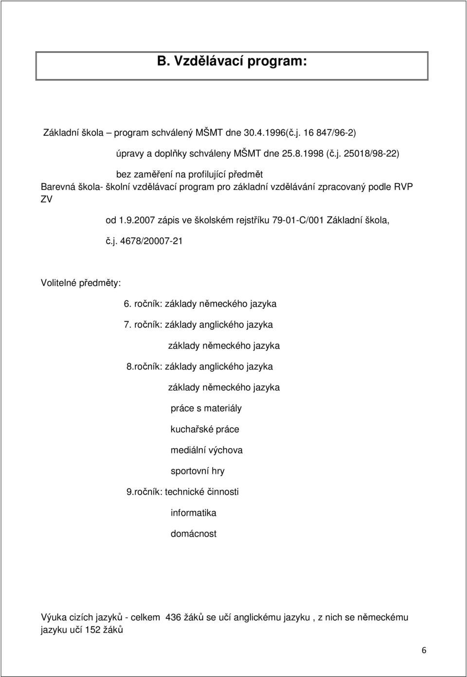 25018/98-22) bez zaměření na profilující předmět Barevná škola- školní vzdělávací program pro základní vzdělávání zpracovaný podle RVP ZV od 1.9.2007 zápis ve školském rejstříku 79-01-C/001 Základní škola, č.