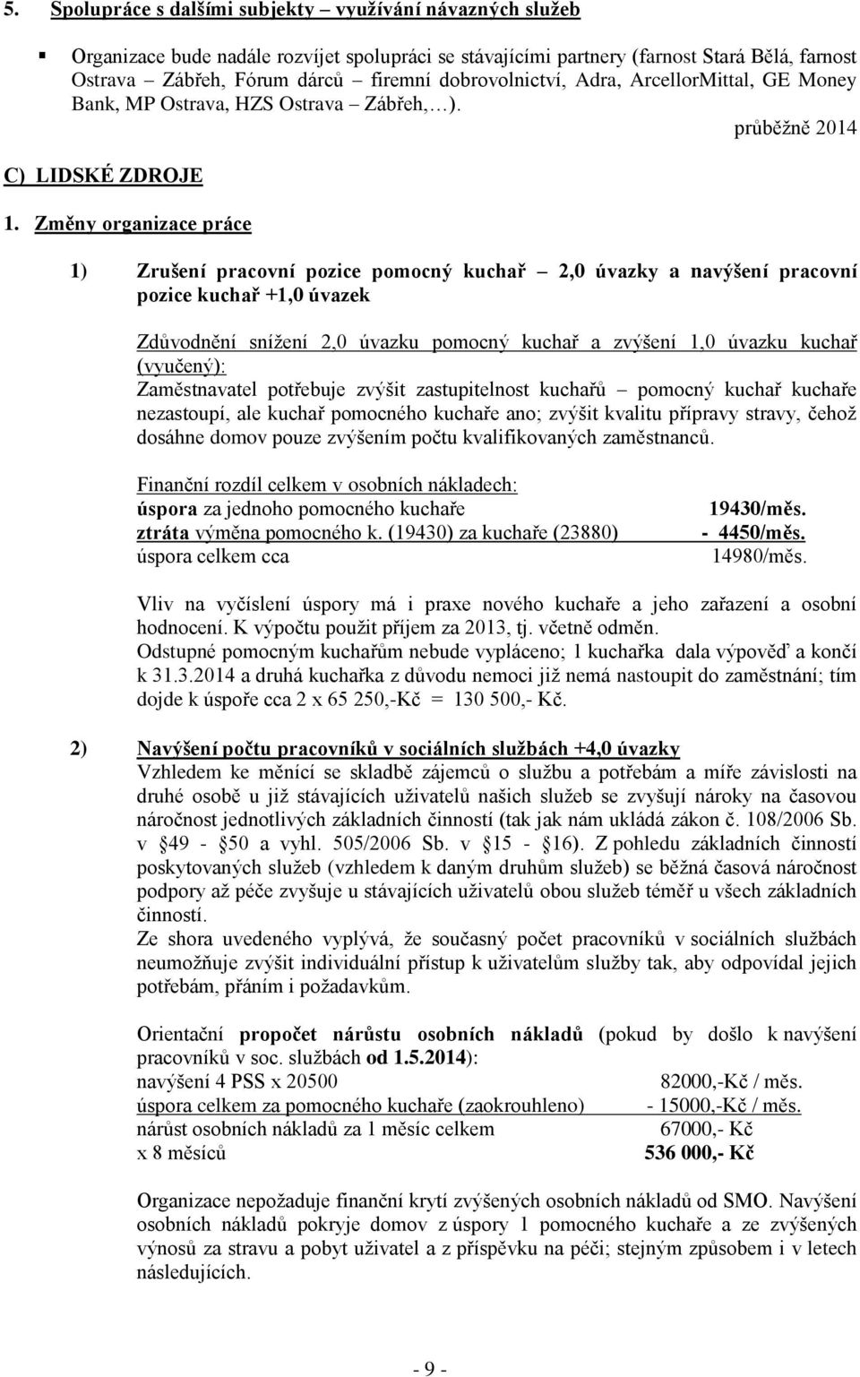 Změny organizace práce 1) Zrušení pracovní pozice pomocný kuchař 2,0 úvazky a navýšení pracovní pozice kuchař +1,0 úvazek Zdůvodnění snížení 2,0 úvazku pomocný kuchař a zvýšení 1,0 úvazku kuchař