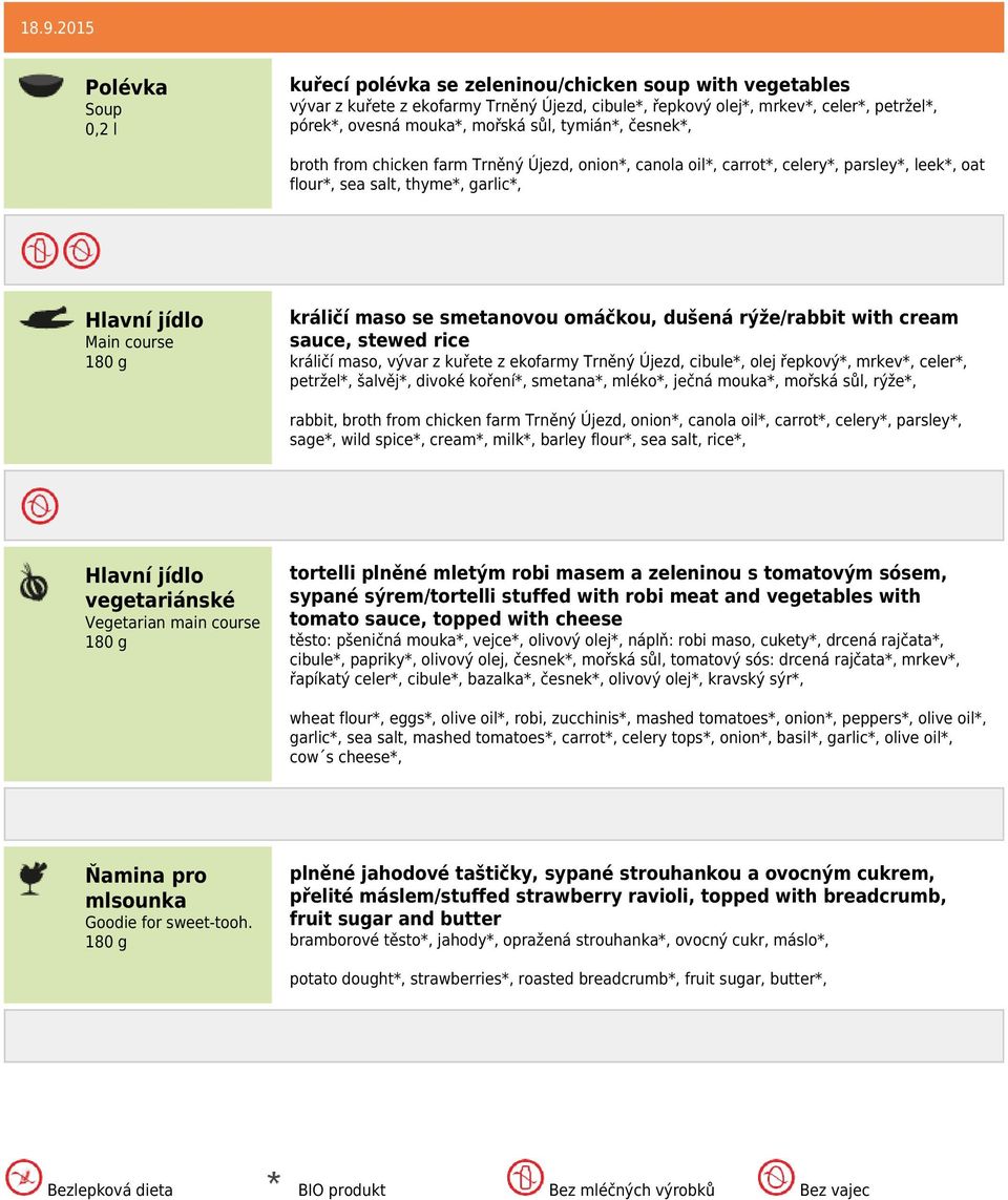 rýže/rabbit with cream sauce, stewed rice králičí maso, vývar z kuřete z ekofarmy Trněný Újezd, cibule*, olej řepkový*, mrkev*, celer*, petržel*, šalvěj*, divoké koření*, smetana*, mléko*, ječná