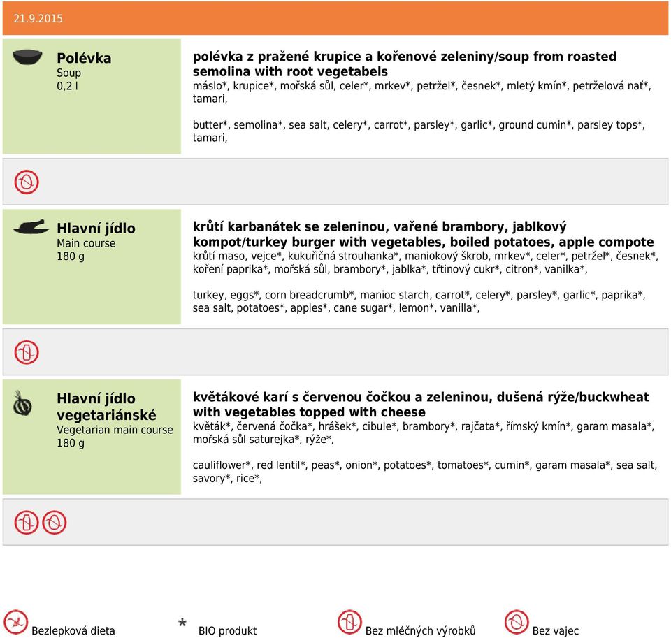 vegetables, boiled potatoes, apple compote krůtí maso, vejce*, kukuřičná strouhanka*, maniokový škrob, mrkev*, celer*, petržel*, česnek*, koření paprika*, mořská sůl, brambory*, jablka*, třtinový