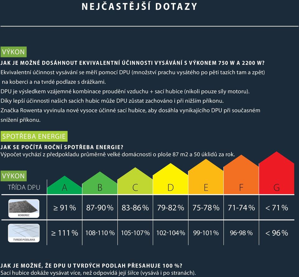 PU je výsledkem vzájemné kombinace proudění vzduchu + sací hubice (nikoli pouze síly motoru). íky lepší účinnosti našich sacích hubic může PU zůstat zachováno i při nižším příkonu.