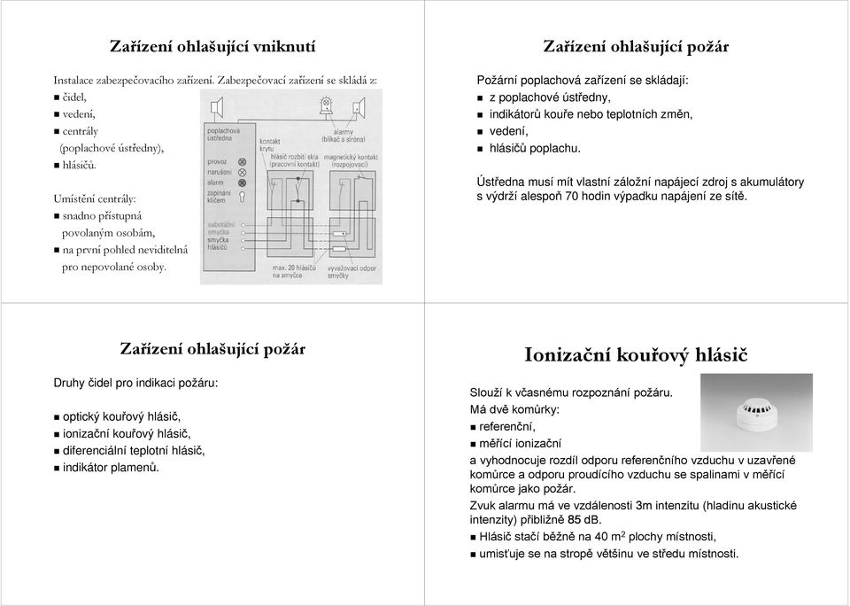 ující požár Požárn rní poplachová zařízen se skládaj dají: z poplachové ústředny, indikátor torů kouře e nebo teplotních změn, vedení, hlási ů poplachu.