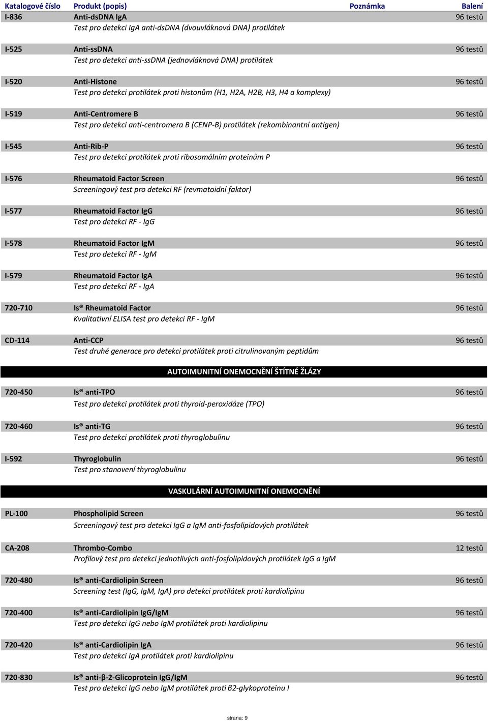 I-545 Anti-Rib-P 96 testů Test pro detekci protilátek proti ribosomálním proteinům P I-576 Rheumatoid Factor Screen 96 testů Screeningový test pro detekci RF (revmatoidní faktor) I-577 Rheumatoid