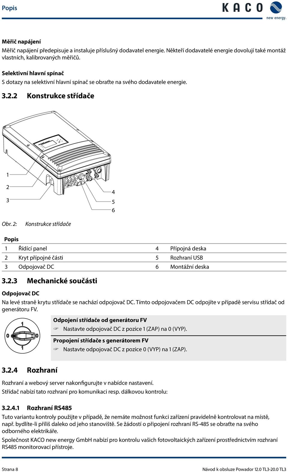 : Konstrukce střídače Popis Řídící panel 4 Přípojná deska Kryt přípojné části 5 Rozhraní USB Odpojovač DC 6 Montážní deska.