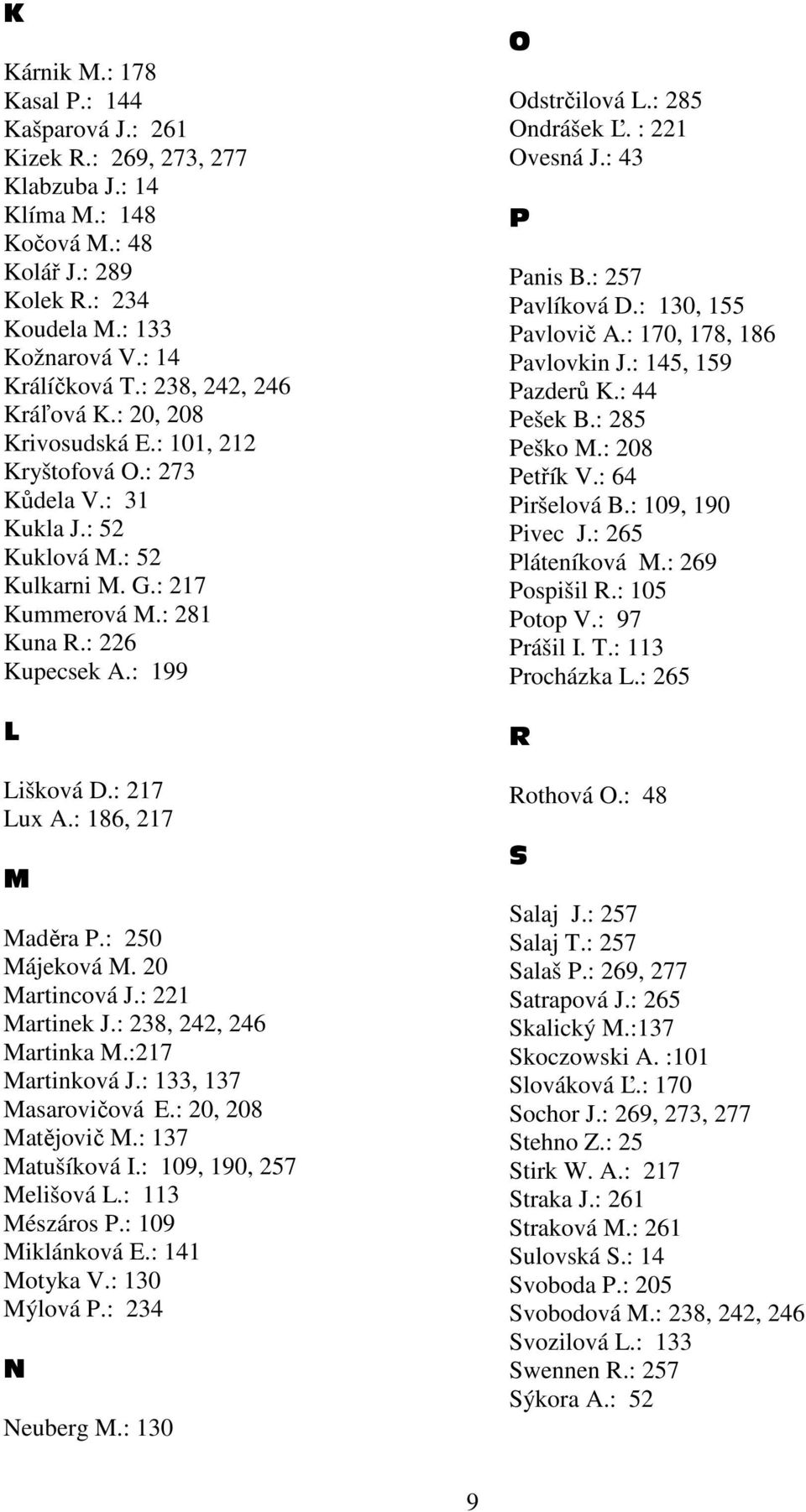 : 199 L Lišková D.: 217 Lux A.: 186, 217 M Maděra P.: 250 Májeková M. 20 Martincová J.: 221 Martinek J.: 238, 242, 246 Martinka M.:217 Martinková J.: 133, 137 Masarovičová E.: 20, 208 Matějovič M.