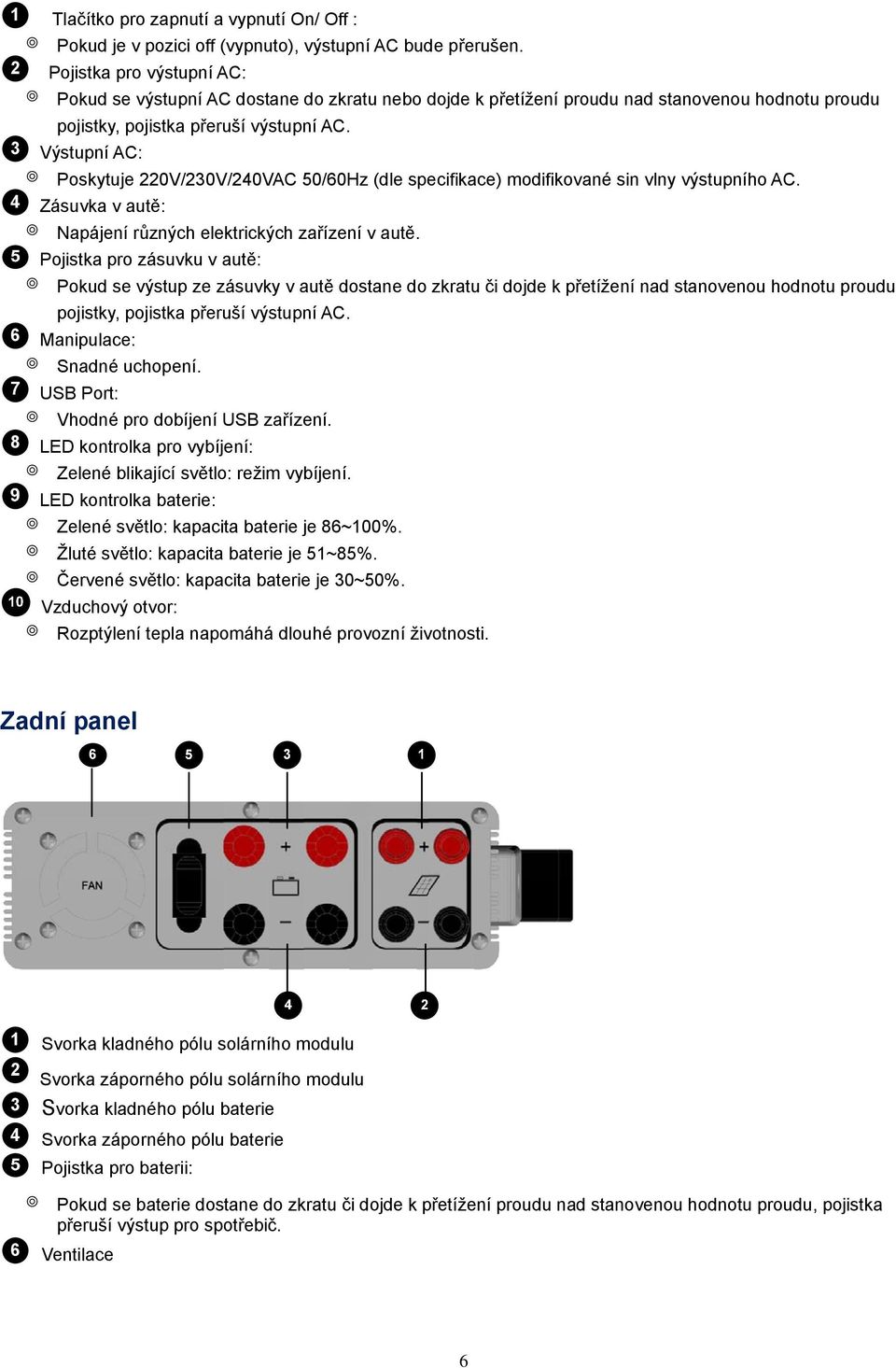 3 Výstupní AC: Poskytuje 220V/230V/240VAC 50/60Hz (dle specifikace) modifikované sin vlny výstupního AC. 4 Zásuvka v autě: Napájení různých elektrických zařízení v autě.