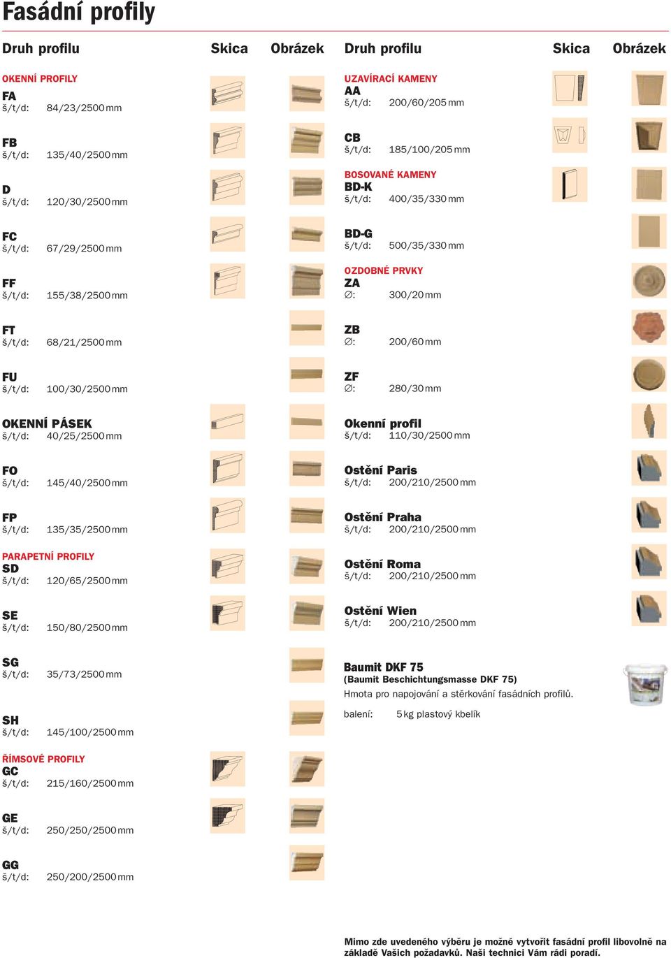 mm Okenní profil 110/30/2500 mm FO 145/40/2500 mm Ostění Paris 200/210/2500 mm FP 135/35/2500 mm Ostění Praha 200/210/2500 mm PARAPETNÍ PROFILY SD 120/65/2500 mm Ostění Roma 200/210/2500 mm SE