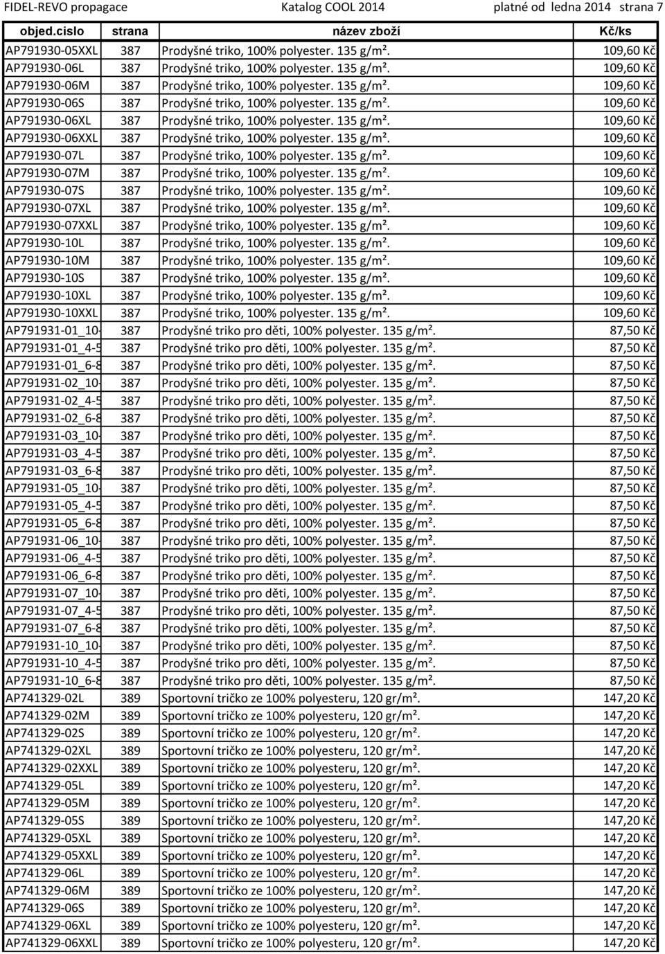 135 g/m². 109,60 Kč AP791930-07L 387 Prodyšné triko, 100% polyester. 135 g/m². 109,60 Kč AP791930-07M 387 Prodyšné triko, 100% polyester. 135 g/m². 109,60 Kč AP791930-07S 387 Prodyšné triko, 100% polyester.