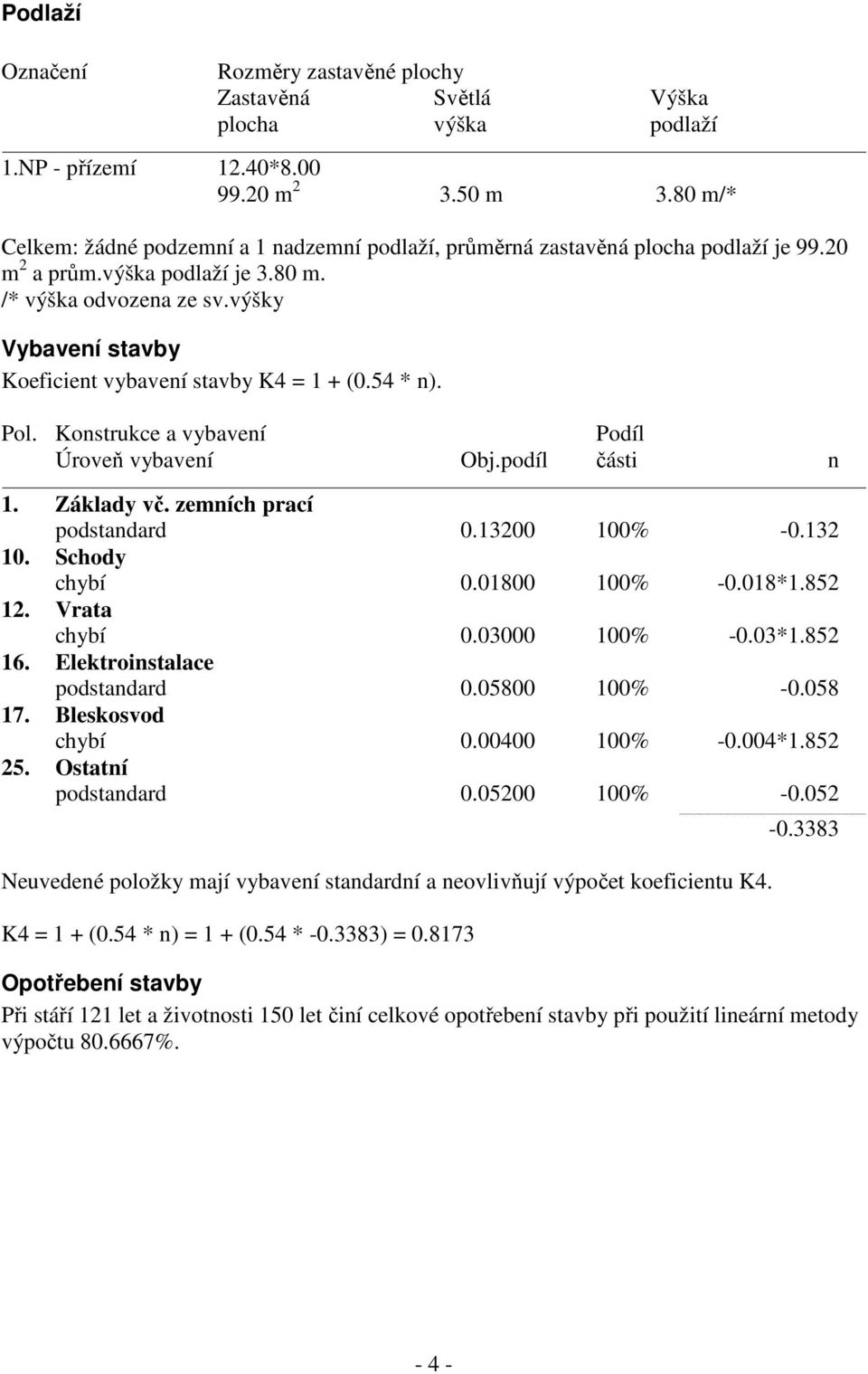 výšky Vybavení stavby Koeficient vybavení stavby K4 = 1 + (0.54 * n). Pol. Konstrukce a vybavení Podíl Úroveň vybavení Obj.podíl části n 1. Základy vč. zemních prací podstandard 0.13200 100% -0.