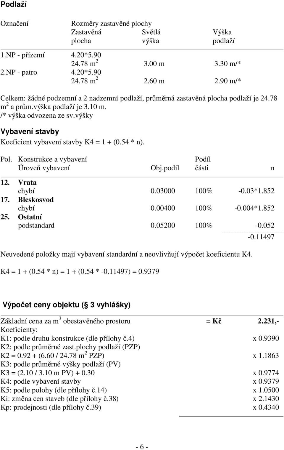 výšky Vybavení stavby Koeficient vybavení stavby K4 = 1 + (0.54 * n). Pol. Konstrukce a vybavení Podíl Úroveň vybavení Obj.podíl části n 12. Vrata chybí 0.03000 100% -0.03*1.852 17.