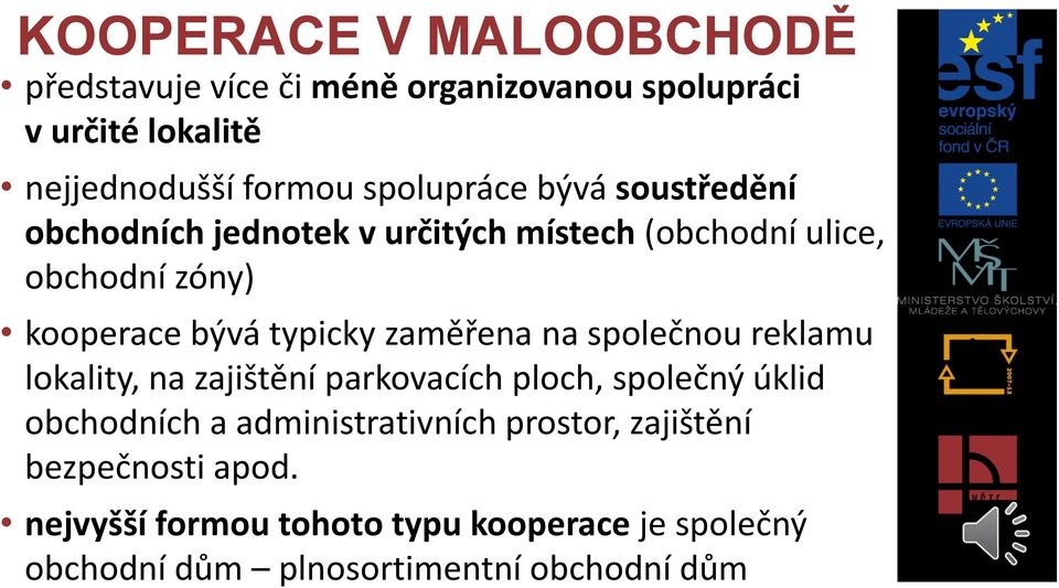 typicky zaměřena na společnou reklamu lokality, na zajištění parkovacích ploch, společný úklid obchodních a