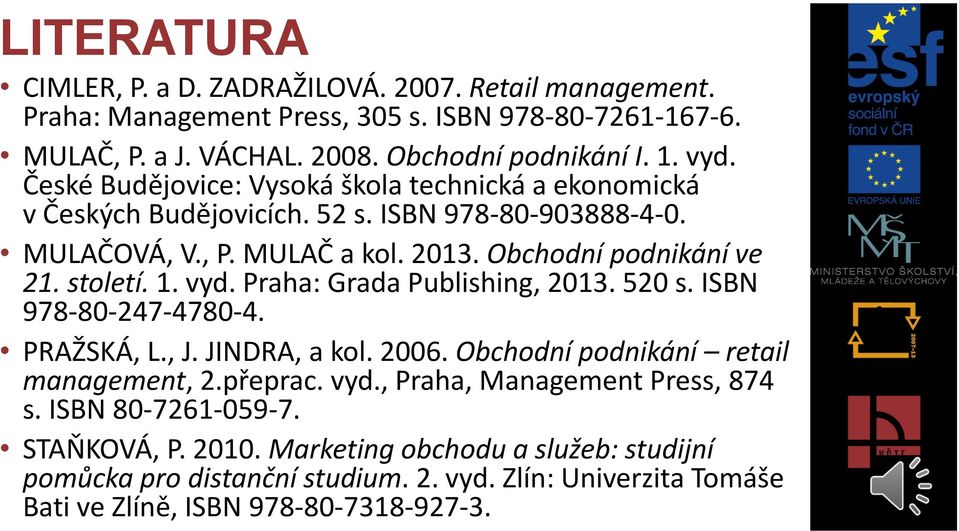 vyd. Praha: Grada Publishing, 2013. 520 s. ISBN 978-80-247-4780-4. PRAŽSKÁ, L., J. JINDRA, a kol. 2006. Obchodní podnikání retail management, 2.přeprac. vyd.