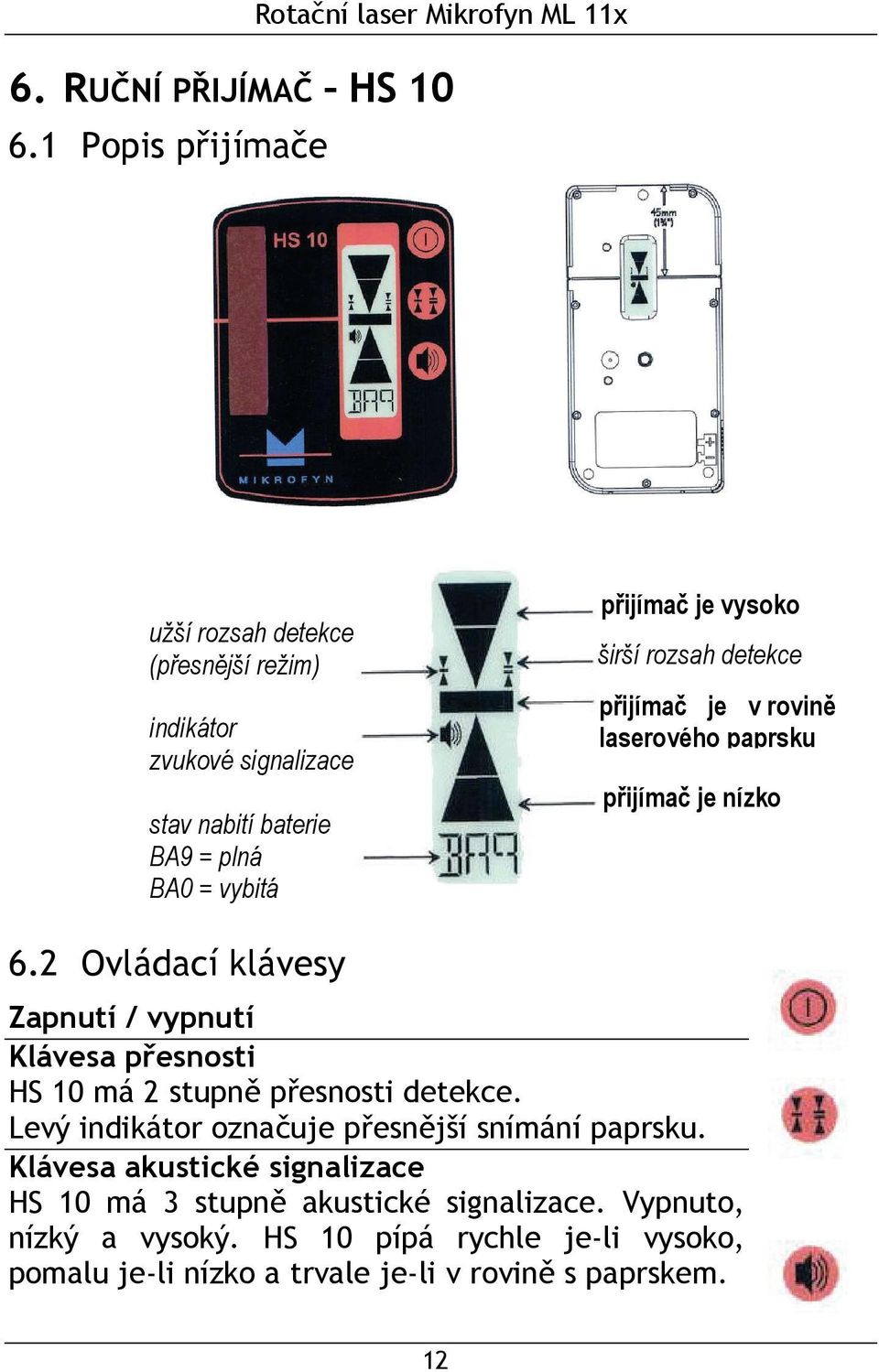 vysoko širší rozsah detekce přijímač je v rovině laserového paprsku přijímač je nízko 6.