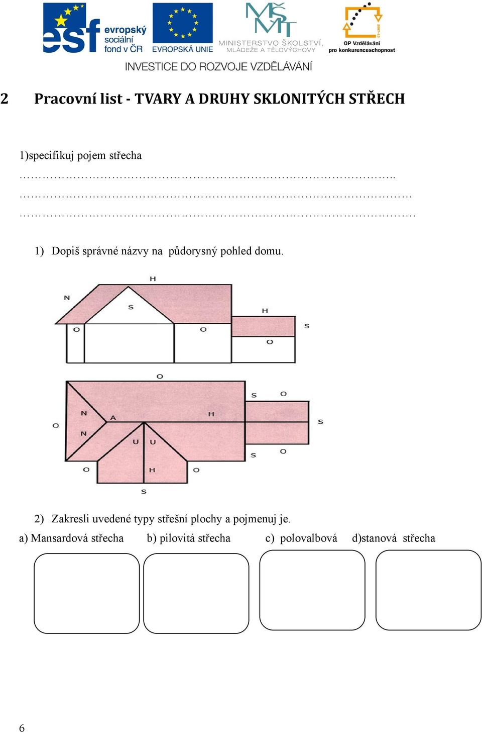 2) Zakresli uvedené typy střešní plochy a pojmenuj je.