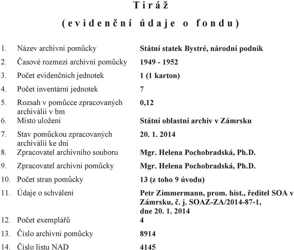 Stav pom ckou zpracovaných 20.. 204 archiválií ke dni 8. Zpracovatel archivního souboru Mgr. Helena Pochobradská, Ph.D. 9. Zpracovatel archivní pom cky Mgr. Helena Pochobradská, Ph.D. 0.