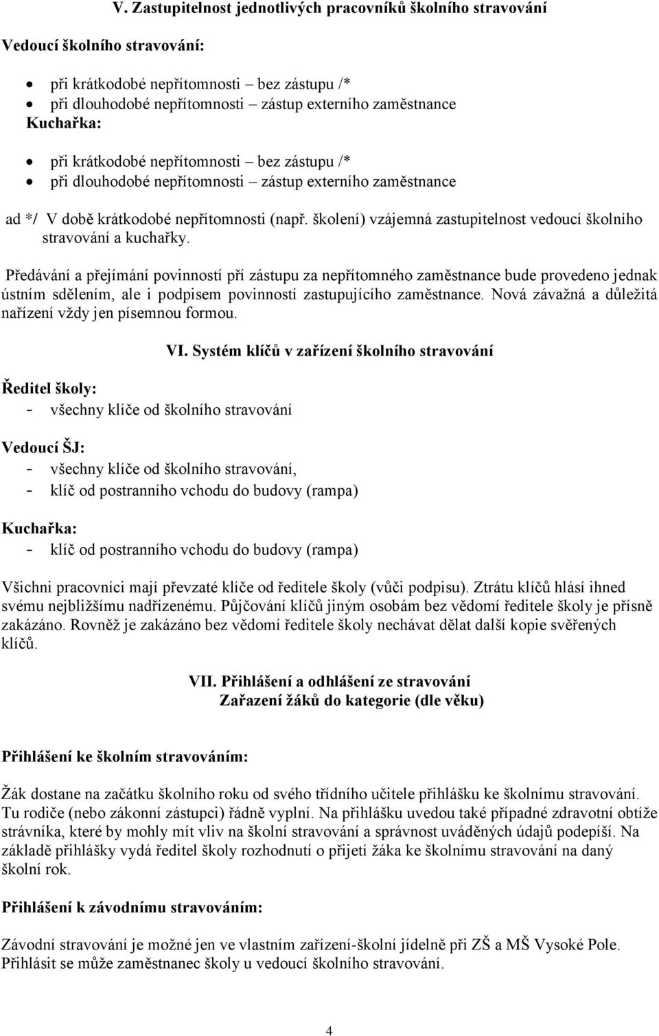 bez zástupu /* při dlouhodobé nepřítomnosti zástup externího zaměstnance ad */ V době krátkodobé nepřítomnosti (např. školení) vzájemná zastupitelnost vedoucí školního stravování a kuchařky.