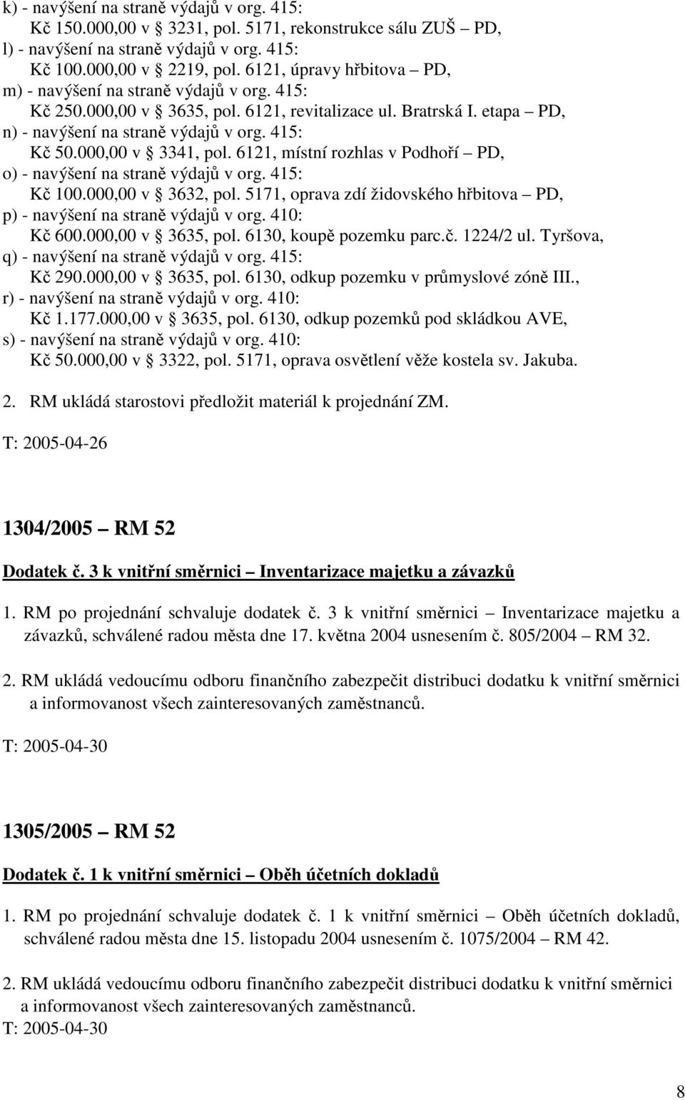 000,00 v 3341, pol. 6121, místní rozhlas v Podhoří PD, o) - navýšení na straně výdajů v org. 415: Kč 100.000,00 v 3632, pol.