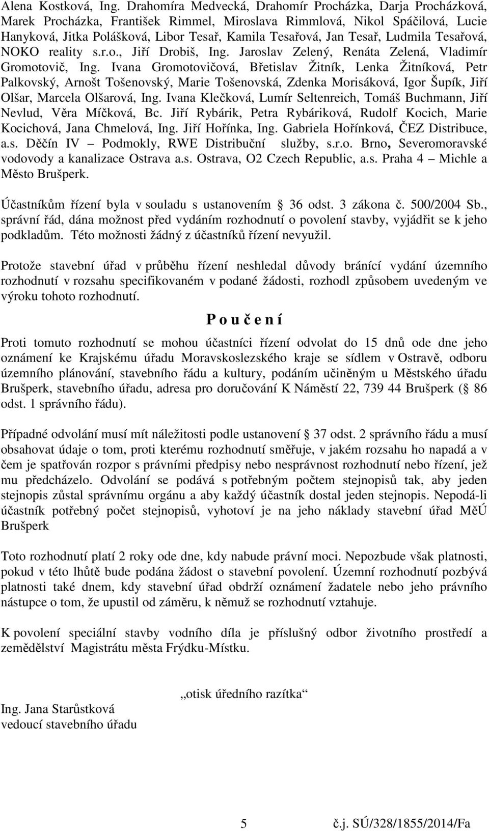 Tesař, Ludmila Tesařová, NOKO reality s.r.o., Jiří Drobiš, Ing. Jaroslav Zelený, Renáta Zelená, Vladimír Gromotovič, Ing.