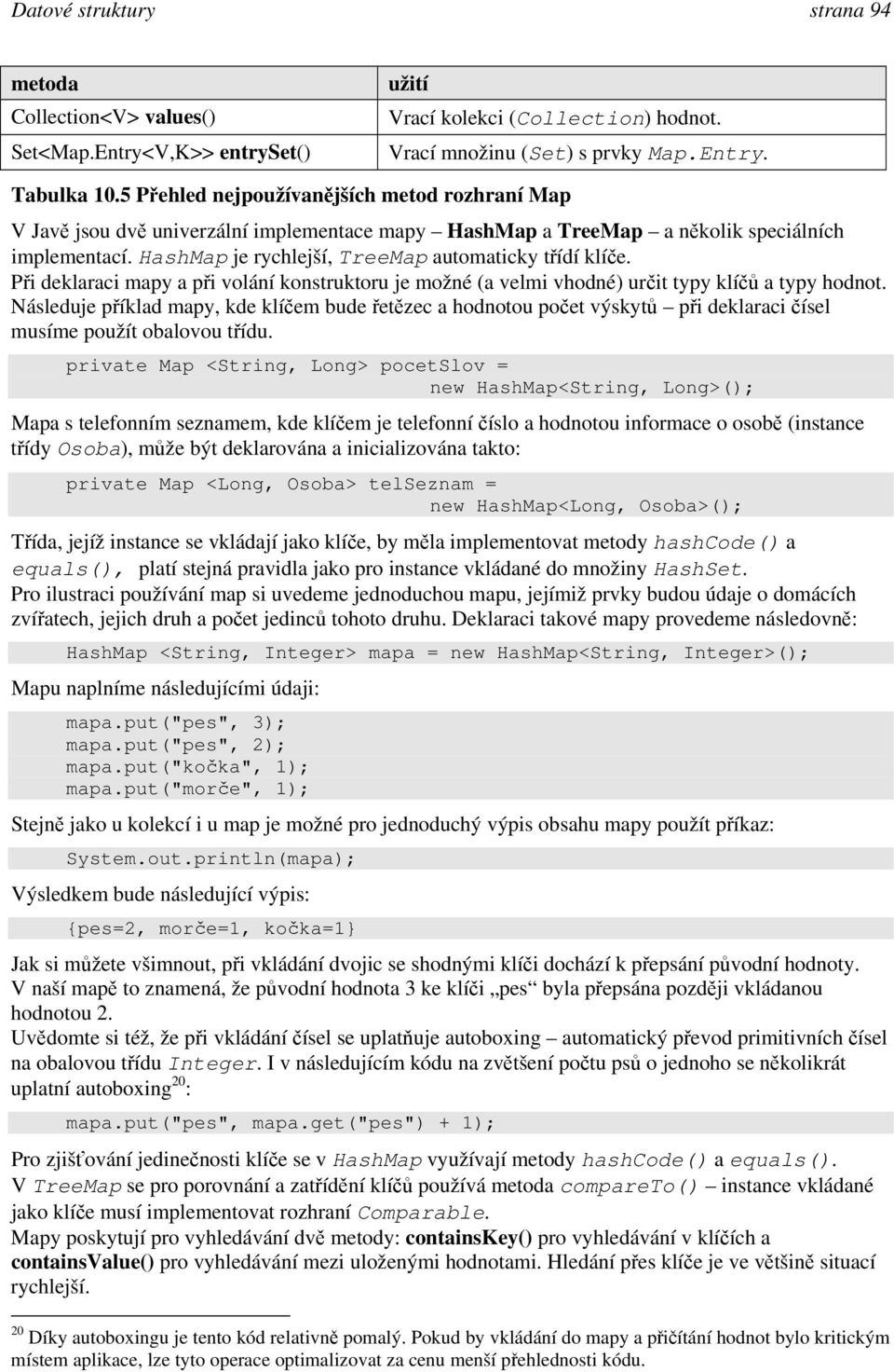 HashMap je rychlejší, TreeMap automaticky třídí klíče. Při deklaraci mapy a při volání konstruktoru je možné (a velmi vhodné) určit typy klíčů a typy hodnot.