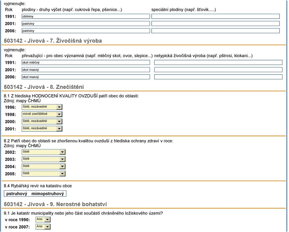 ..) 1991: skot mléčný 2001: skot masný 2006: skot masný 503142 - Jívová - 8. Znečištění 8.
