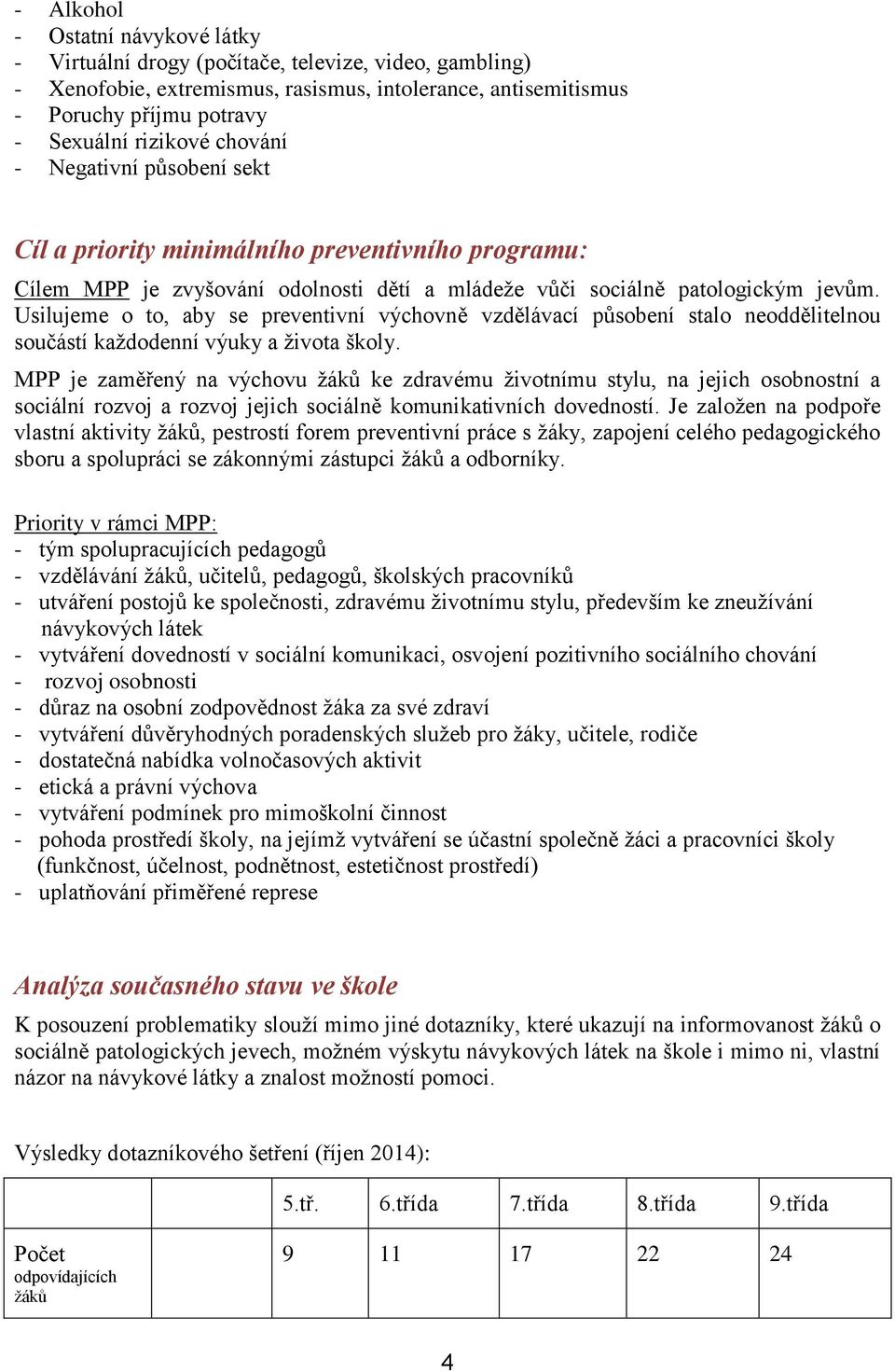 Usilujeme o to, aby se preventivní výchovně vzdělávací působení stalo neoddělitelnou součástí každodenní výuky a života školy.