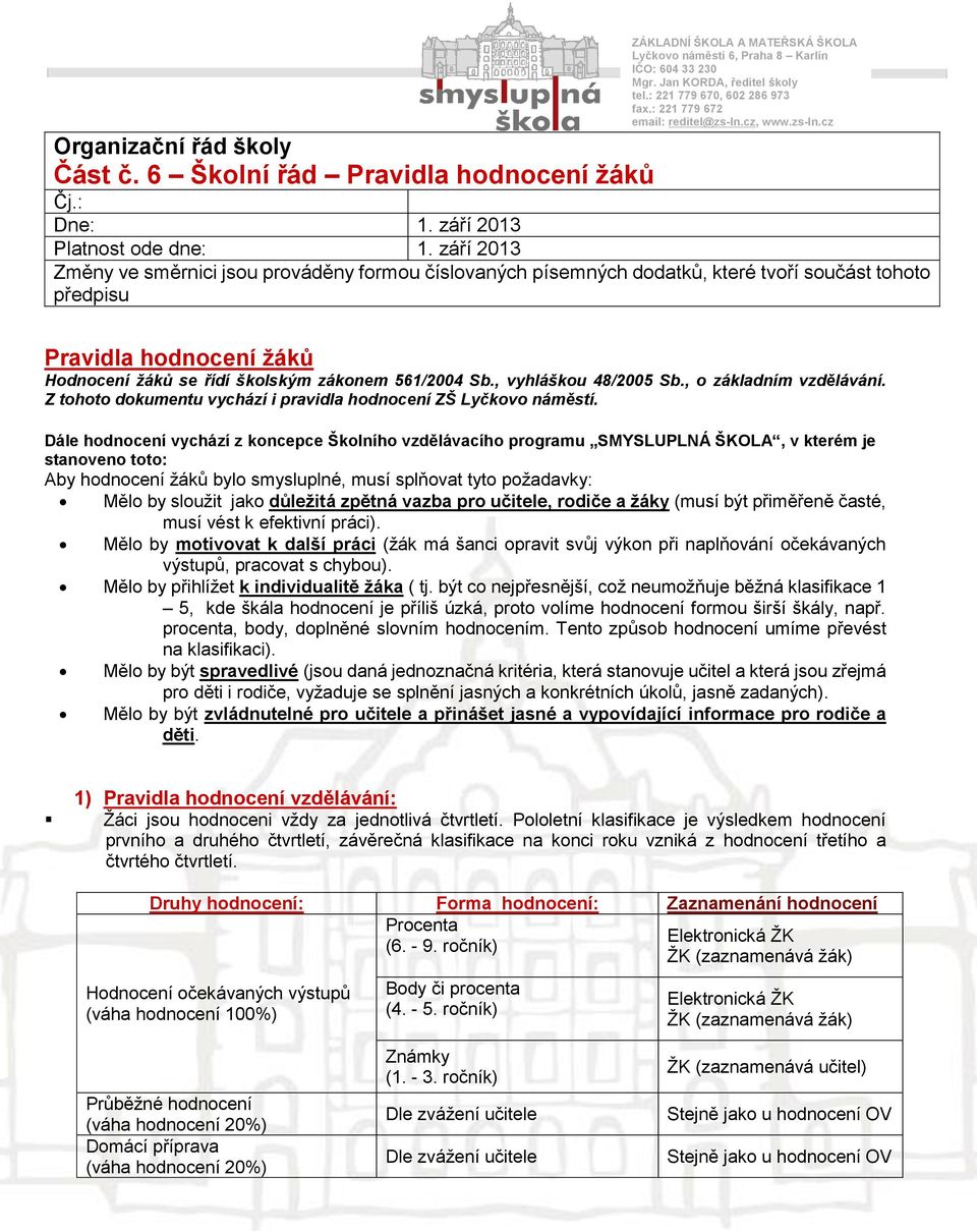 , vyhláškou 48/2005 Sb., o základním vzdělávání. Z tohoto dokumentu vychází i pravidla hodnocení ZŠ Lyčkovo náměstí.