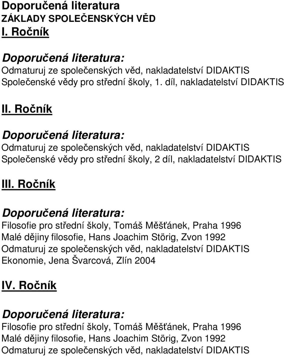 Filosofie pro střední školy, Tomáš Měšťánek, Praha 1996 Malé dějiny filosofie, Hans Joachim Störig, Zvon 1992 Odmaturuj ze společenských věd, nakladatelství