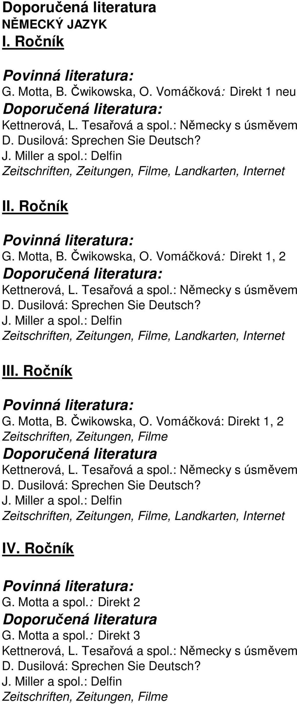 J. Miller a spol.: Delfin Zeitschriften, Zeitungen, Filme, Landkarten, Internet I G. Motta, B. Čwikowska, O. Vomáčková: Direkt 1, 2 Zeitschriften, Zeitungen, Filme Doporučená literatura Kettnerová, L.