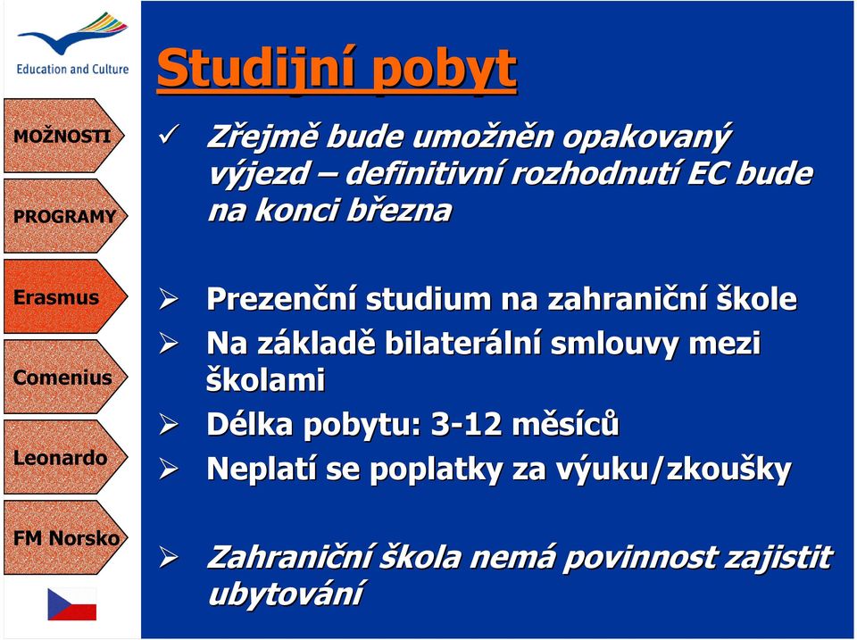 Na základě bilaterální smlouvy mezi školami Délka pobytu: 3-123 měsíců