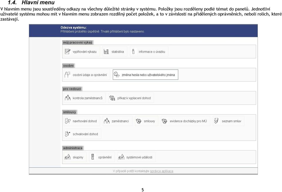 Jednotliví uživatelé systému mohou mít v hlavním menu zobrazen rozdílný