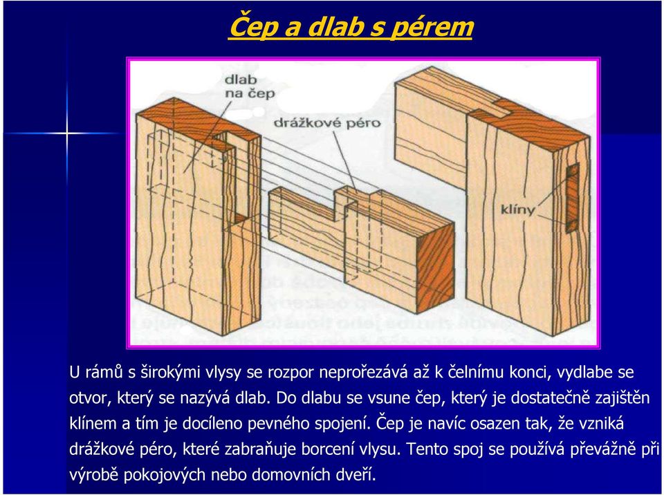 Do dlabu se vsune čep, který je dostatečně zajištěn klínem a tím je docíleno pevného spojení.