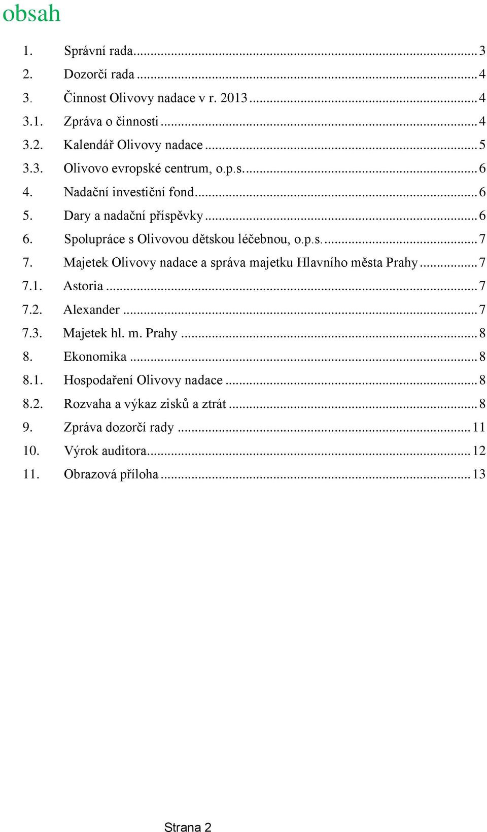 Majetek Olivovy nadace a správa majetku Hlavního města Prahy... 7 7.1. Astoria... 7 7.2. Alexander... 7 7.3. Majetek hl. m. Prahy... 8 8. Ekonomika... 8 8.1. Hospodaření Olivovy nadace.