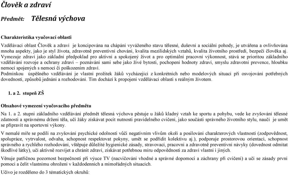 Vymezuje zdraví jako základní předpoklad pro aktivní a spokojený život a pro optimální pracovní výkonnost, stává se prioritou základního vzdělávání rozvoje a ochrany zdraví poznávání sami sebe jako