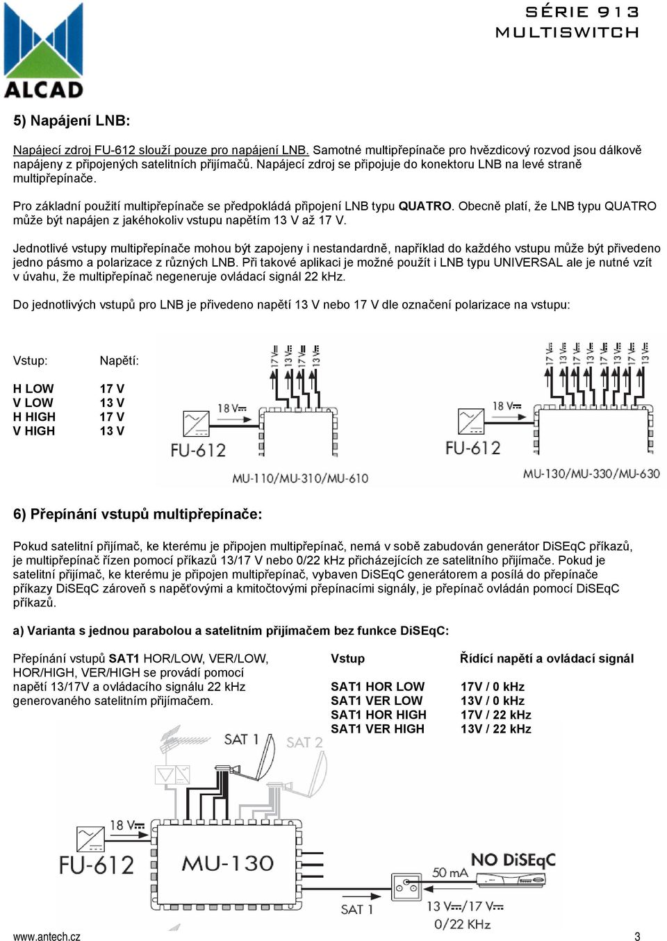 Obecně platí, že LNB typu QUATRO může být napájen z jakéhokoliv vstupu napětím 13 V až 17 V.