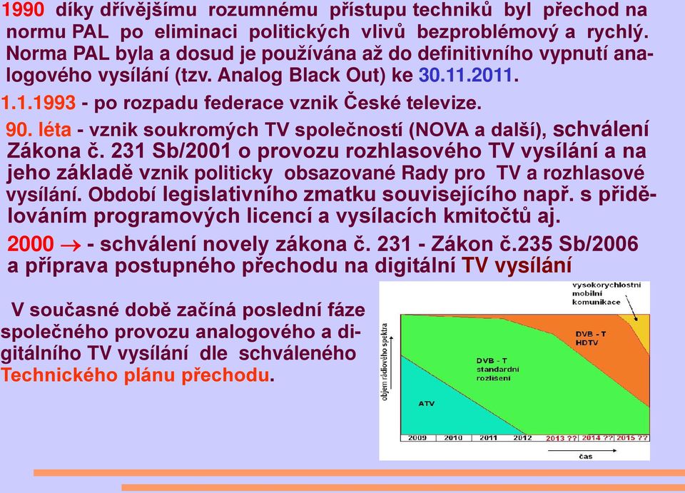 léta - vznik soukromých TV společností (NOVA a další), schválení Zákona č.