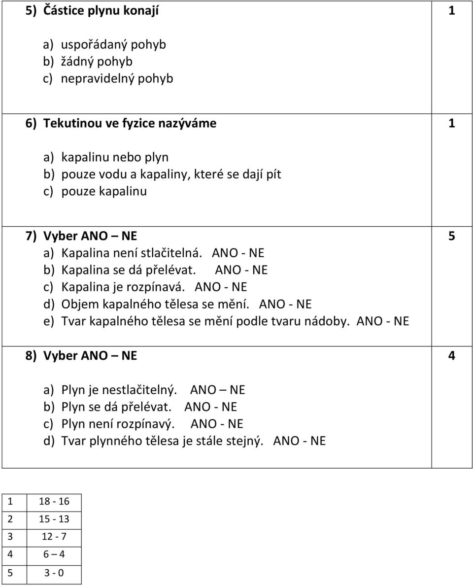 ANO - NE c) Kapalina je rozpínavá. ANO - NE d) Objem kapalného tělesa se mění. ANO - NE e) Tvar kapalného tělesa se mění podle tvaru nádoby.