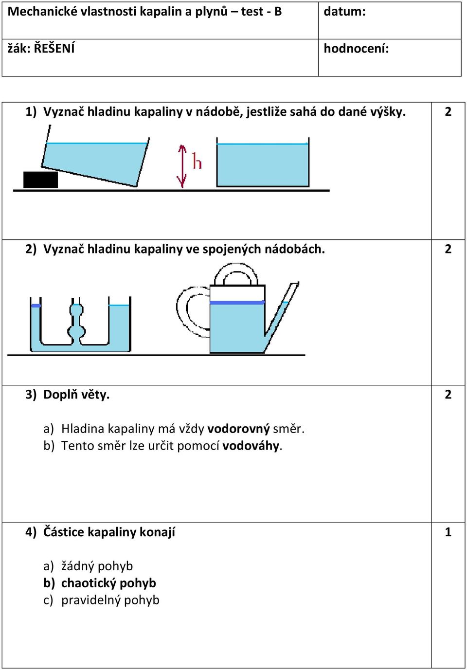 2 2) Vyznač hladinu kapaliny ve spojených nádobách. 2 3) Doplň věty.