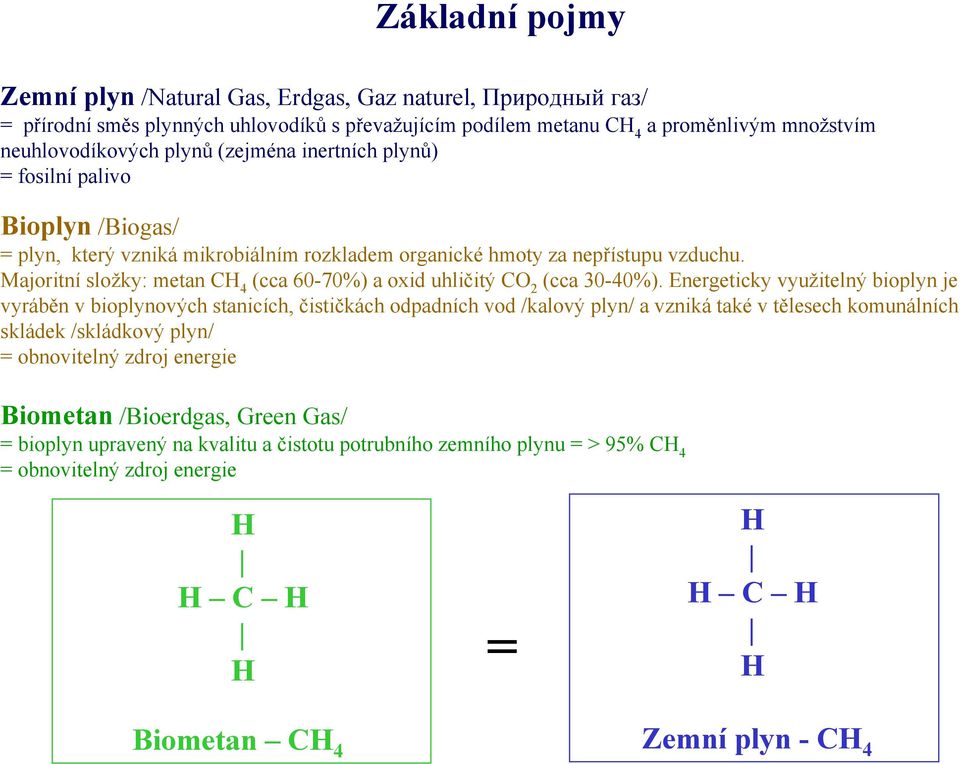 Majoritní složky: metan CH 4 (cca 60-70%) a oxid uhličitý CO 2 (cca 30-40%).