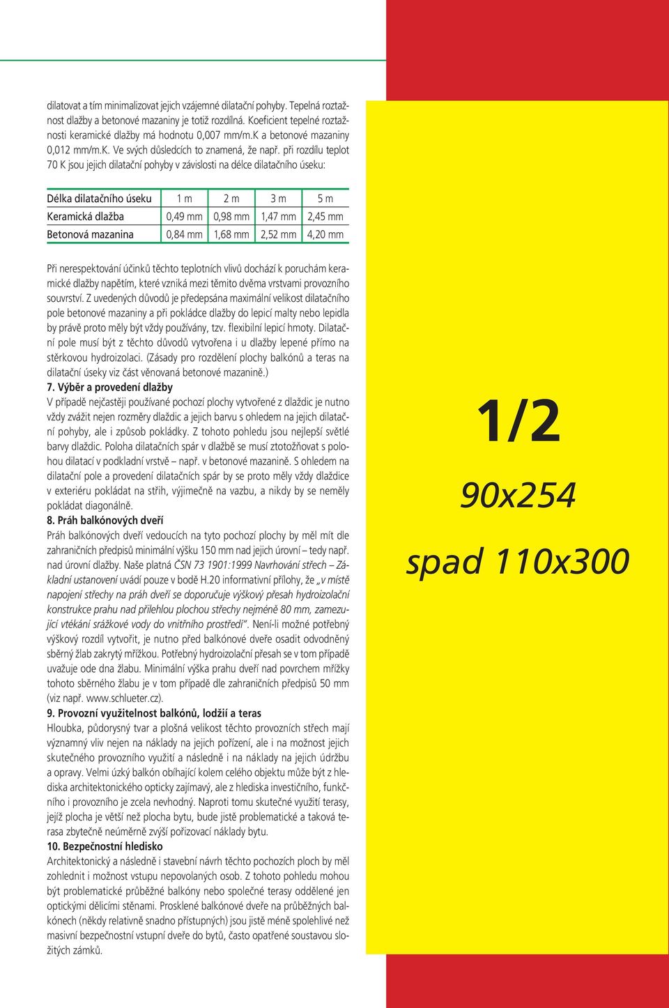 při rozdílu teplot 70 K jsou jejich dilatační pohyby v závislosti na délce dilatačního úseku: Délka dilatačního úseku 1 m 2 m 3 m 5 m Keramická dlažba 0,49 mm 0,98 mm 1,47 mm 2,45 mm Betonová