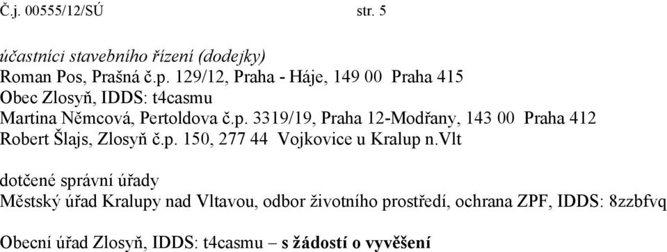 3319/19, Praha 12-Modřany, 143 00 Praha 412 Robert Šlajs, Zlosyň č.p. 150, 277 44 Vojkovice u Kralup n.