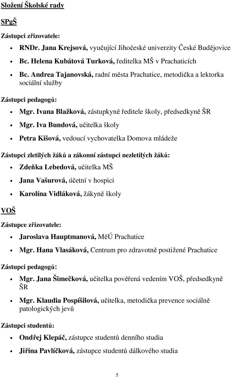 Iva Bundová, učitelka školy Petra Kišová, vedoucí vychovatelka Domova mládeže Zástupci zletilých žáků a zákonní zástupci nezletilých žáků: VOŠ Zdeňka Lebedová, učitelka MŠ Jana Vašurová, účetní v