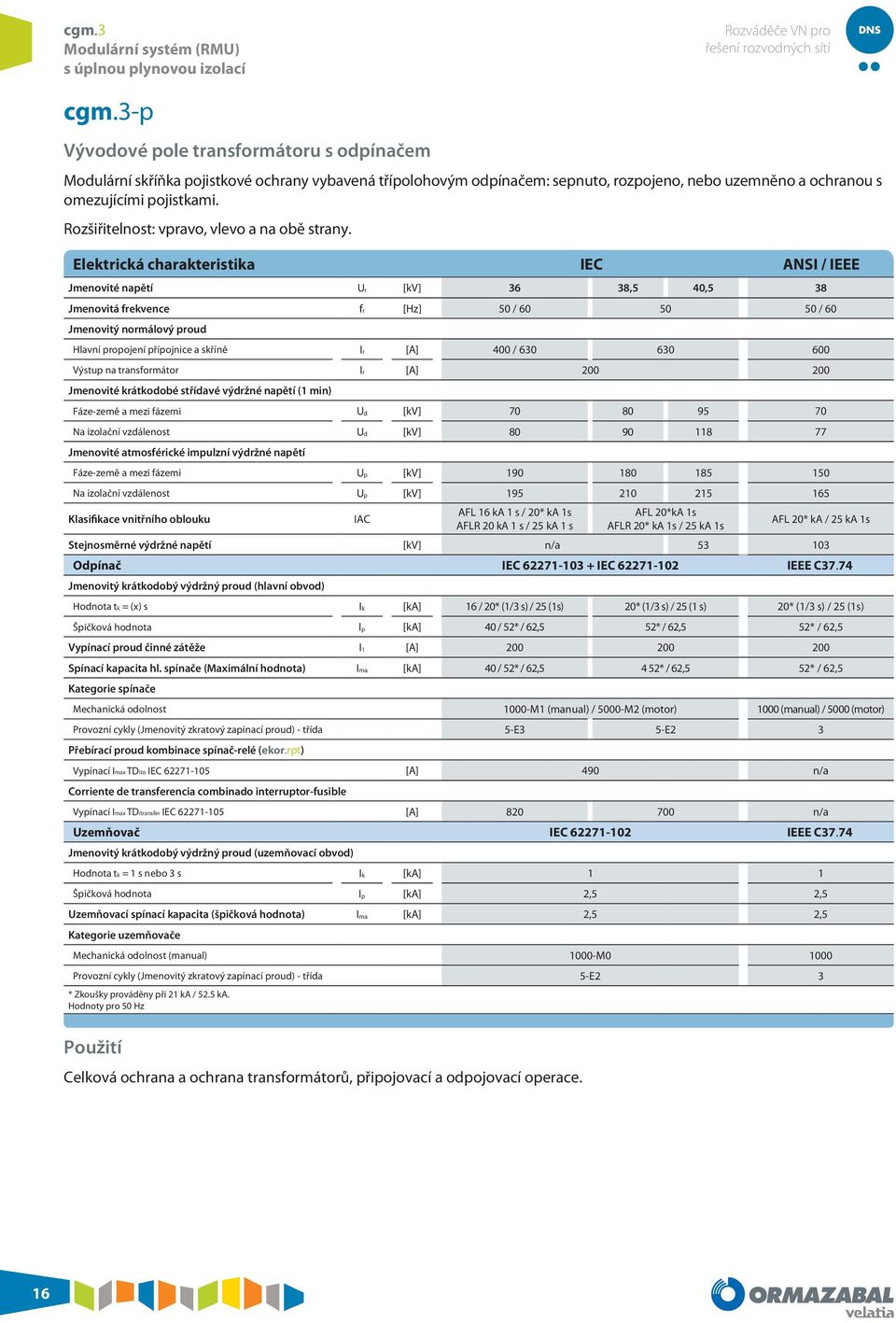 Elektrická charakteristika IEC ANSI / IEEE Jmenovité napětí Ur [kv] 36 38,5 40,5 38 Jmenovitá frekvence fr [Hz] 50 / 60 50 50 / 60 Jmenovitý normálový proud Hlavní propojení přípojnice a skříně Ir