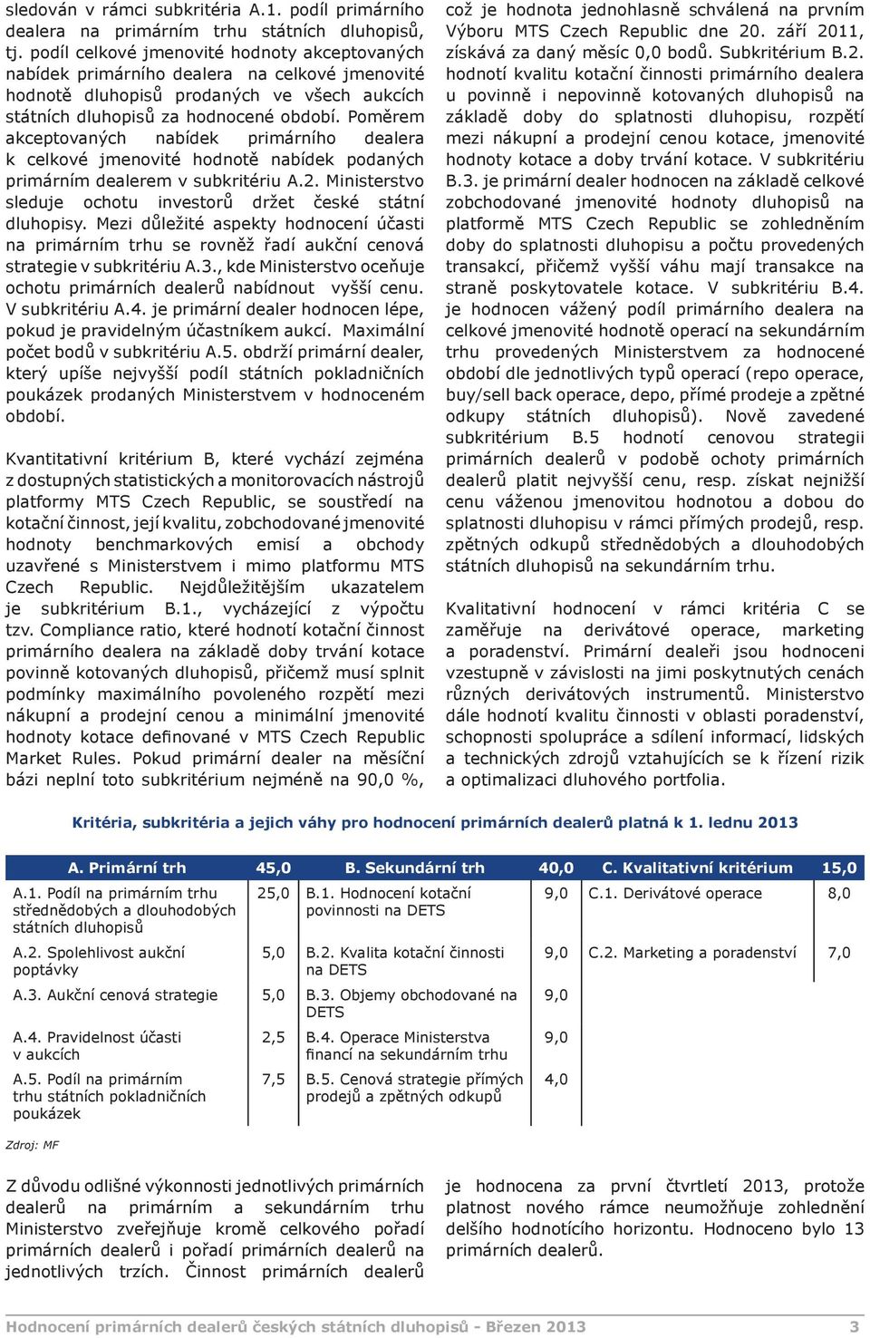 Poměrem akceptovaných nabídek primárního dealera k celkové jmenovité hodnotě nabídek podaných primárním dealerem v subkritériu A.2. Ministerstvo sleduje ochotu investorů držet české státní dluhopisy.