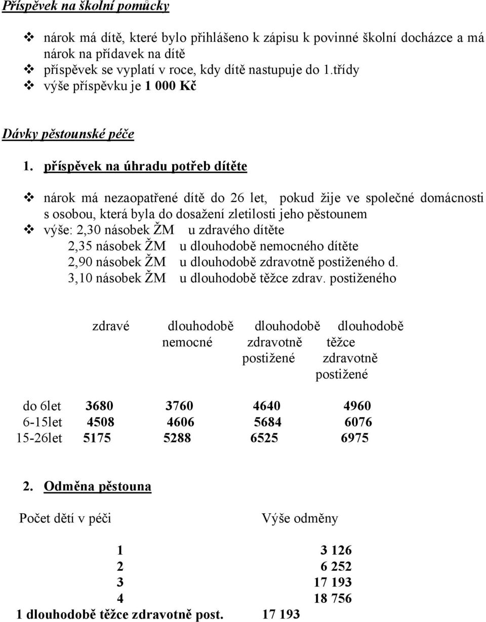 příspěvek na úhradu potřeb dítěte nárok má nezaopatřené dítě do 26 let, pokud žije ve společné domácnosti s osobou, která byla do dosažení zletilosti jeho pěstounem výše: 2,30 násobek ŽM u zdravého