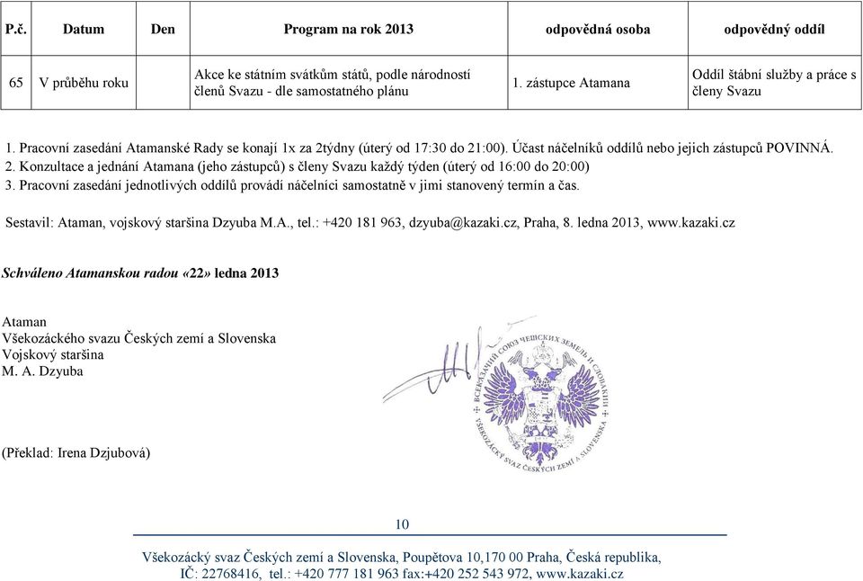 Pracovní zasedání jednotlivých oddílů provádí náčelníci samostatně v jimi stanovený termín a čas. Sestavil:, vojskový staršina Dzyuba M.A., tel.: +420 181 963, dzyuba@kazaki.cz, Praha, 8.
