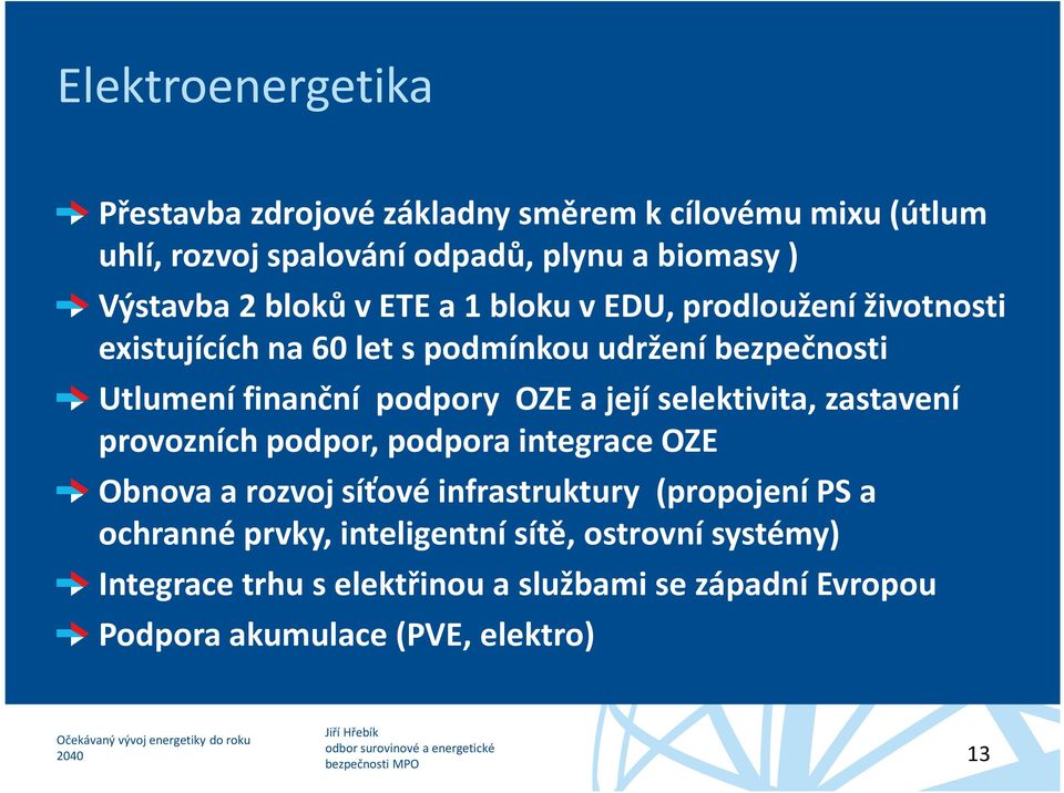 a její selektivita, zastavení provozních podpor, podpora integrace OZE Obnova a rozvoj síťové infrastruktury (propojení PS a ochranné
