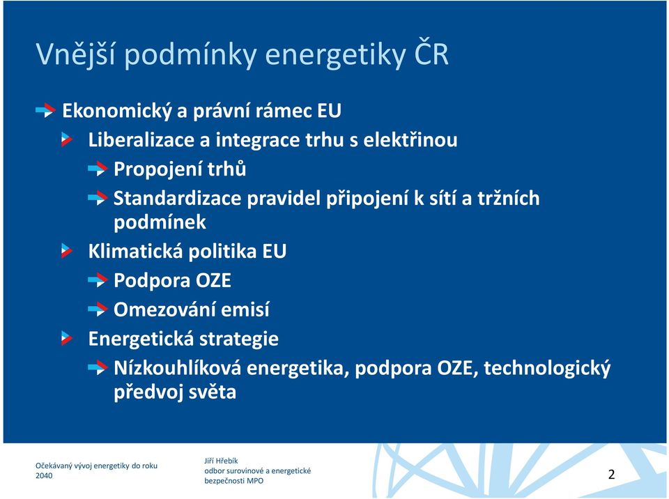 sítí a tržních podmínek Klimatická politika EU Podpora OZE Omezování emisí