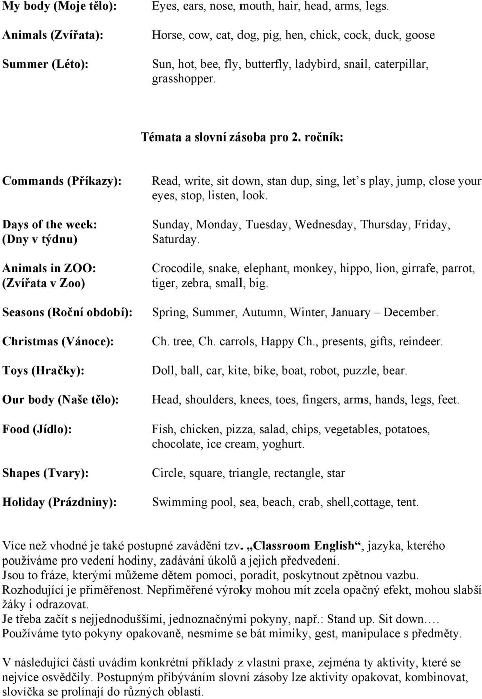 ročník: Commands (Příkazy): Days of the week: (Dny v týdnu) Animals in ZOO: (Zvířata v Zoo) Seasons (Roční období): Christmas (Vánoce): Toys (Hračky): Our body (Naše tělo): Food (Jídlo): Shapes
