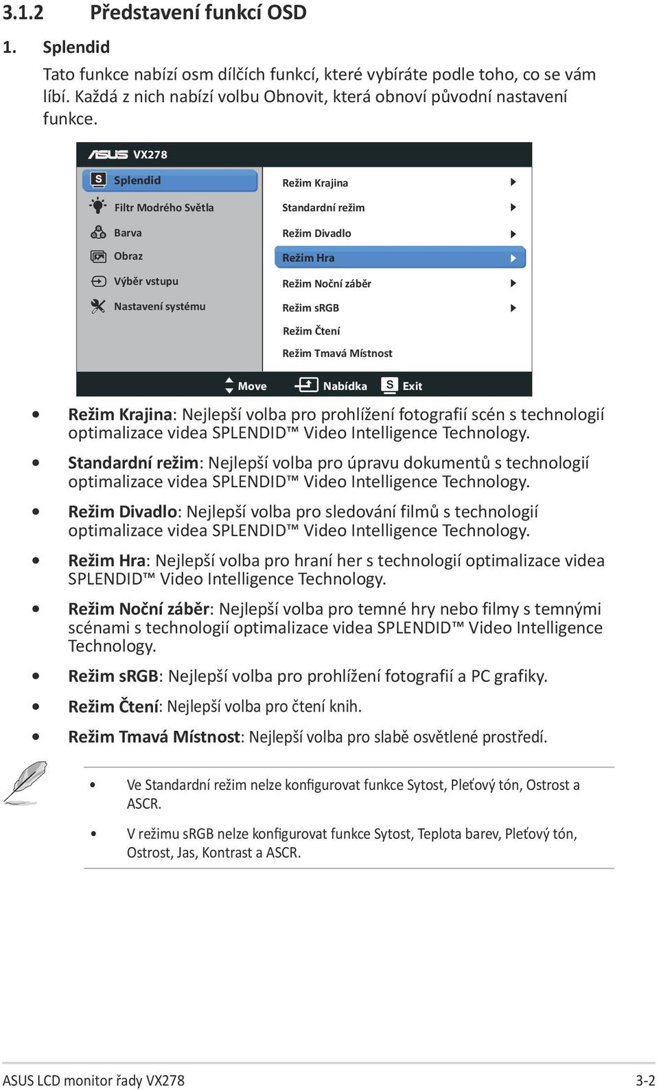 Move Nabídka Exit Režim Krajina: Nejlepší volba pro prohlížení fotografií scén s technologií optimalizace videa SPLENDID Video Intelligence Technology.