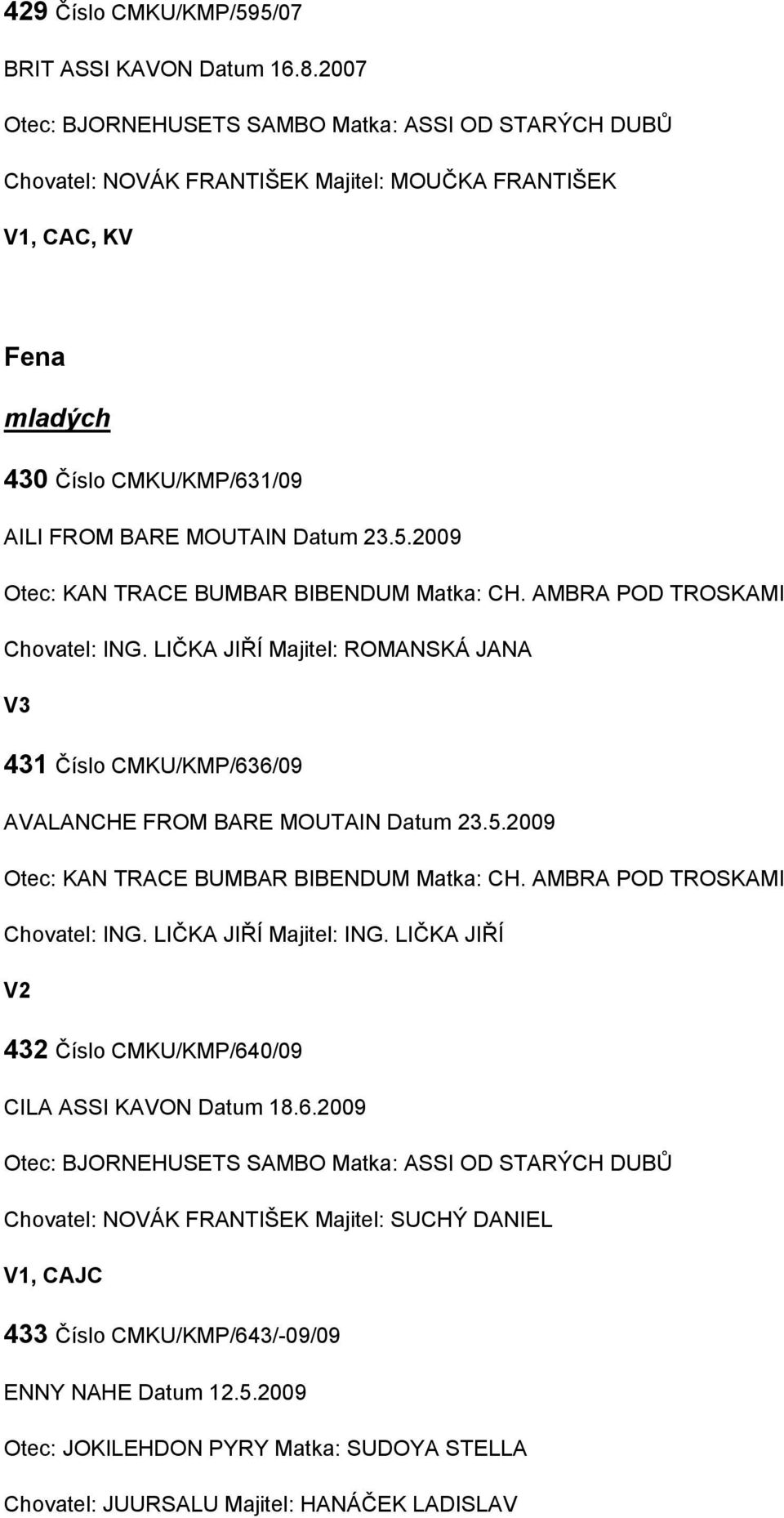 2009 Otec: KAN TRACE BUMBAR BIBENDUM Matka: CH. AMBRA POD TROSKAMI Chovatel: ING. LIČKA JIŘÍ Majitel: ROMANSKÁ JANA V3 431 Číslo CMKU/KMP/636/09 AVALANCHE FROM BARE MOUTAIN Datum 23.5.